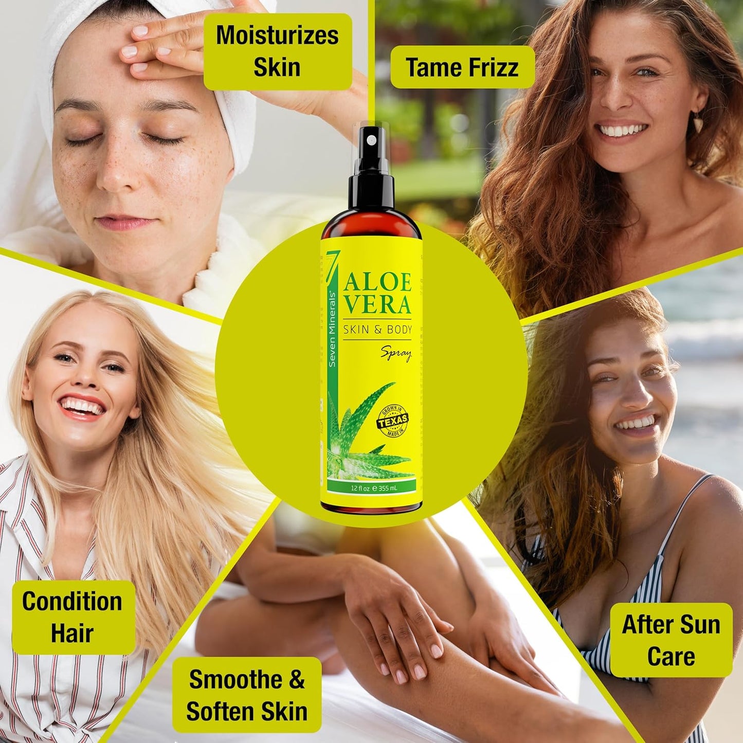 Seven Minerals, Organic Aloe Vera Spray for Body & Hair - From Freshly Cut Aloe Plant, Extra Strong, Easy to Apply, No Thickeners So It Absorbs Rapidly, No Sticky Residue - Made in USA (Big 12 fl oz)