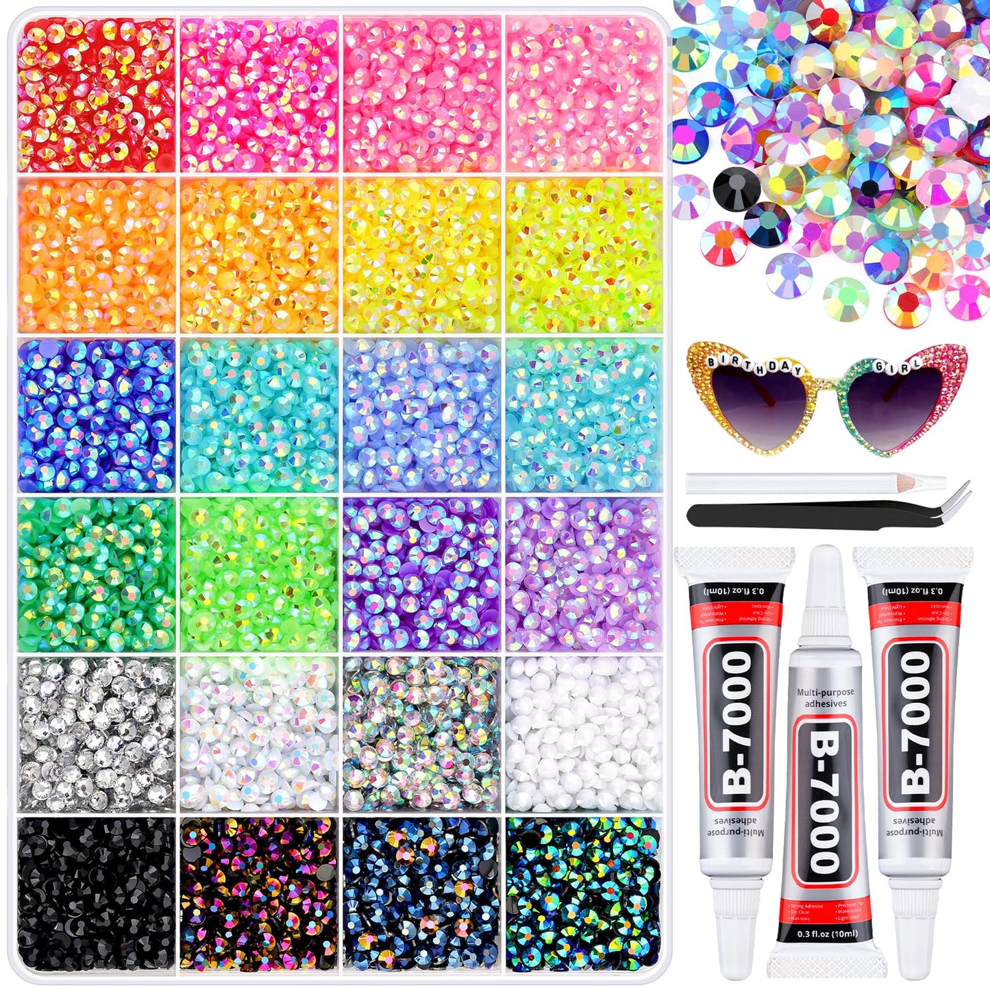 16000Pcs Resin Rhinestones for Bedazzling with B7000 Jewelry Glue, 4MM Colorful Gems Flatback Rhinestones for Crafting, Crystal for DIY Crafts Clothing Tumblers Mugs Shoes Fabric Decor Nail Art