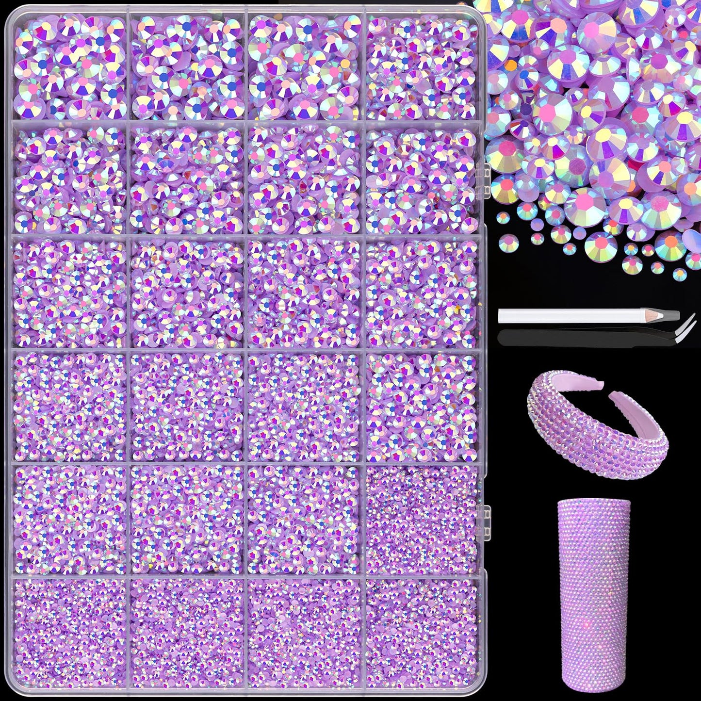 25000Pcs Resin Jelly Rhinestones with Tweezers for Crafting, 2-6mm Mixed Sizes (Lavender Purple AB) Non Hotfix Flatback Gems, Bedazzling Crystal for DIY Crafts Clothing Tumblers Shoes Decor Nail Art