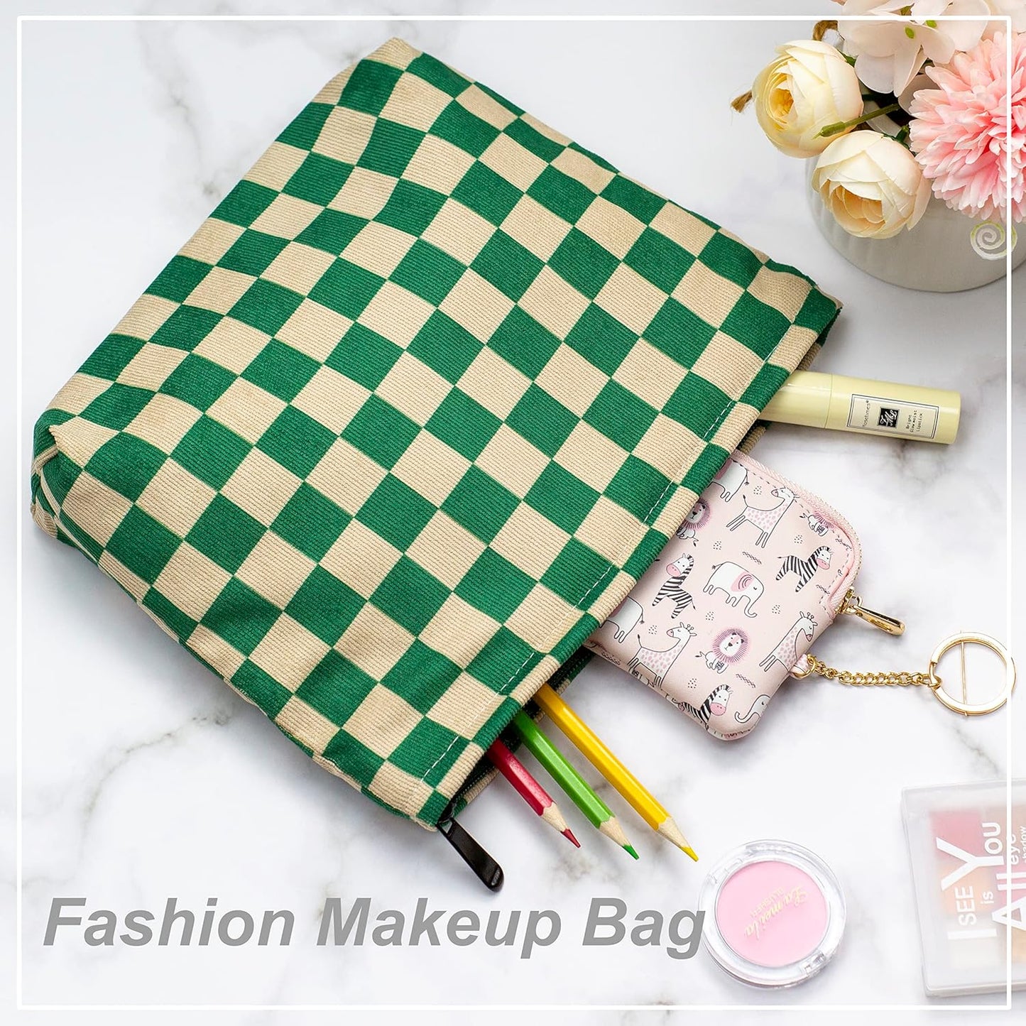 PAZIMIIK Makeup Bag Large Zipper Corduroy Make Up Pouch for Purse Travel Canvas Cosmetic Organizer for Women Brush Storage,Checkered Green