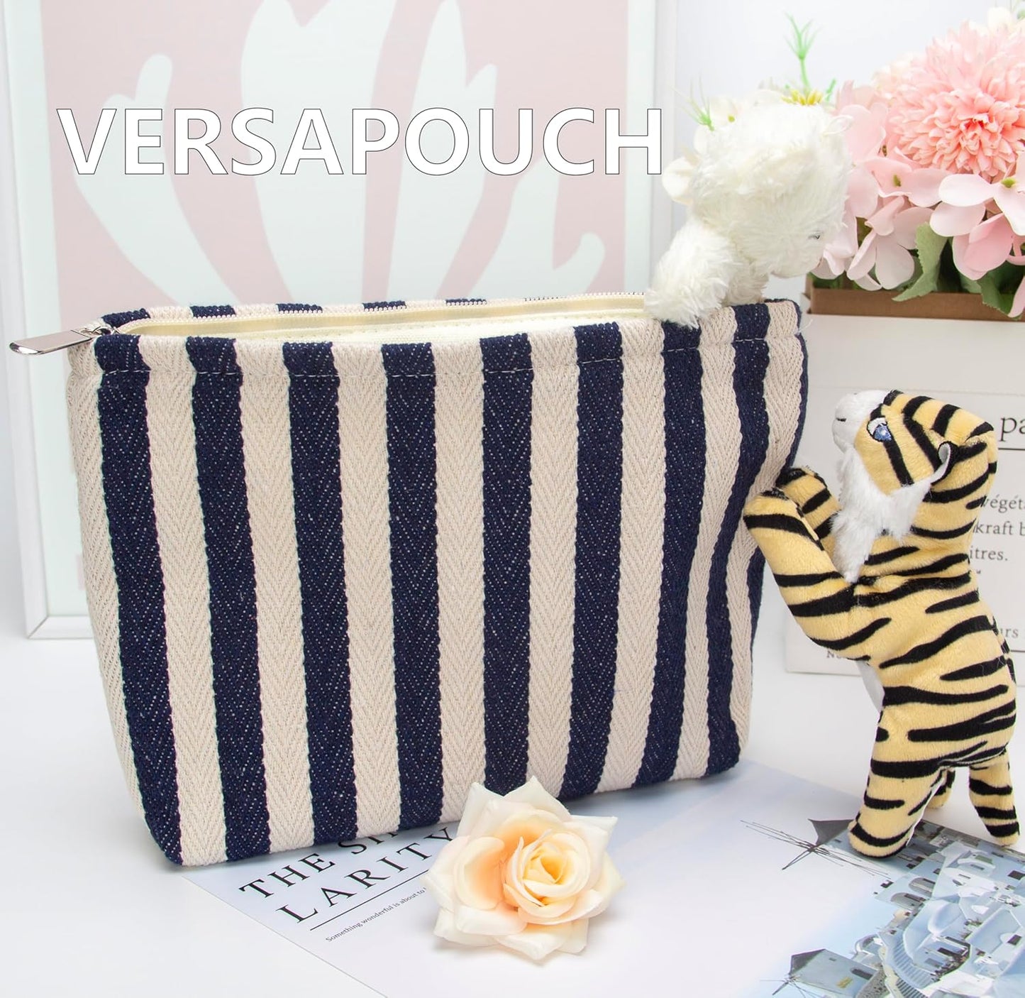 PAZIMIIK Makeup Bag Large Cotton Zipper Pouch for Purse Travel Canvas Make Up Organizer for Women Cosmetic,Stripe Navy Blue