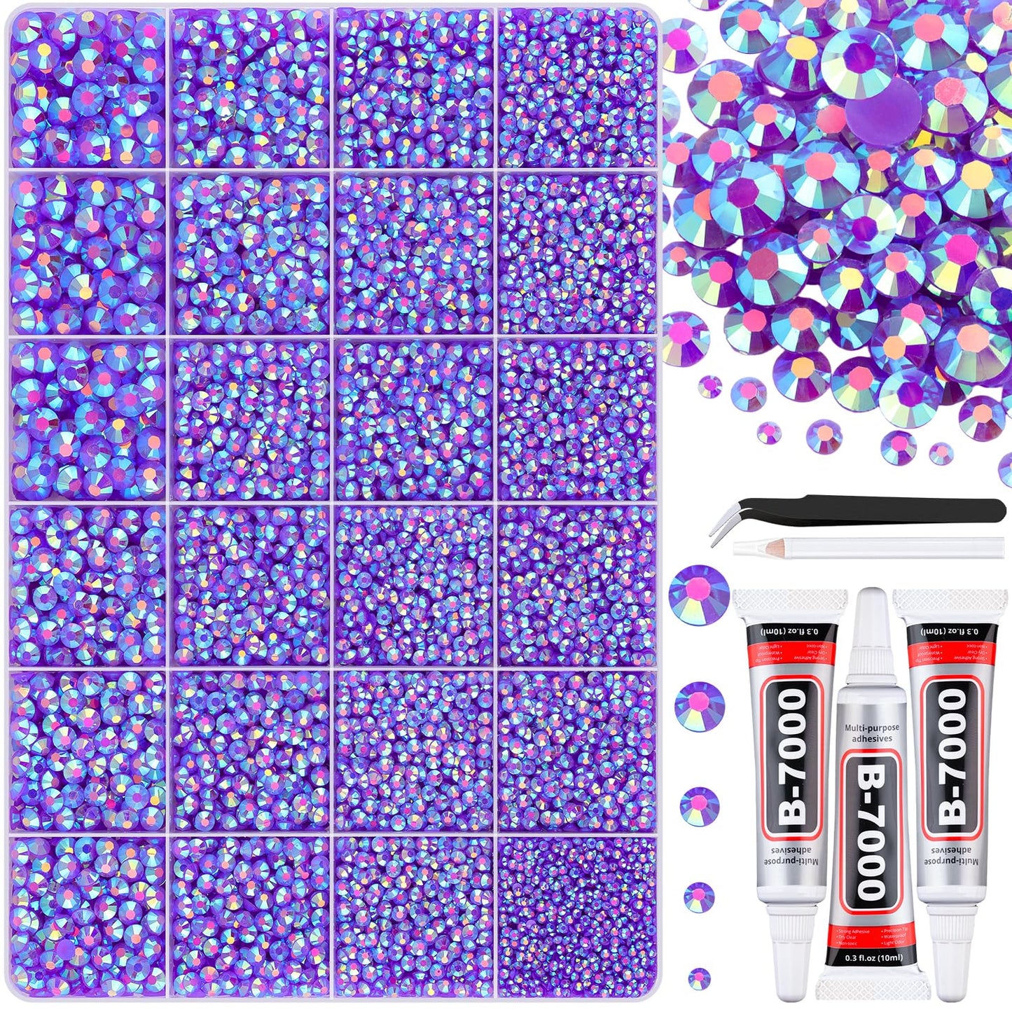 30000Pcs Resin Dark Purple AB Rhinestones for Bedazzling Crafting with b7000 Jewelry Glue, Bulk Flatback Gems Bedazzler Kit for Crafts Clothes Shoes Fabric Nail Diamond Art, Assorted Size 2/3/4/5/6mm
