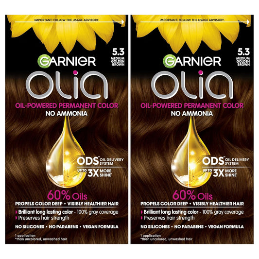 Garnier Hair Color Olia Ammonia-Free Brilliant Color Oil-Rich Permanent Hair Dye, 5.3 Medium Golden Brown, 2 Count (Packaging May Vary)