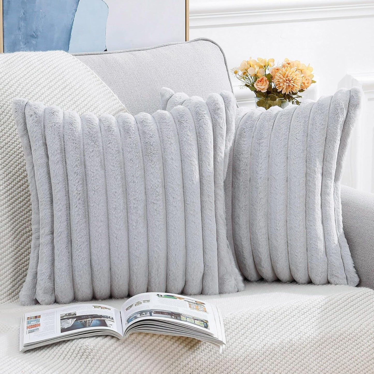 MADIZZ Set of 2 Faux Wool Plush Decorative Throw Pillow Covers 24x24 Inch Light Grey Fluffy Striped Soft Decorative Cushion Cover for Sofa Bedroom Pillow Shell