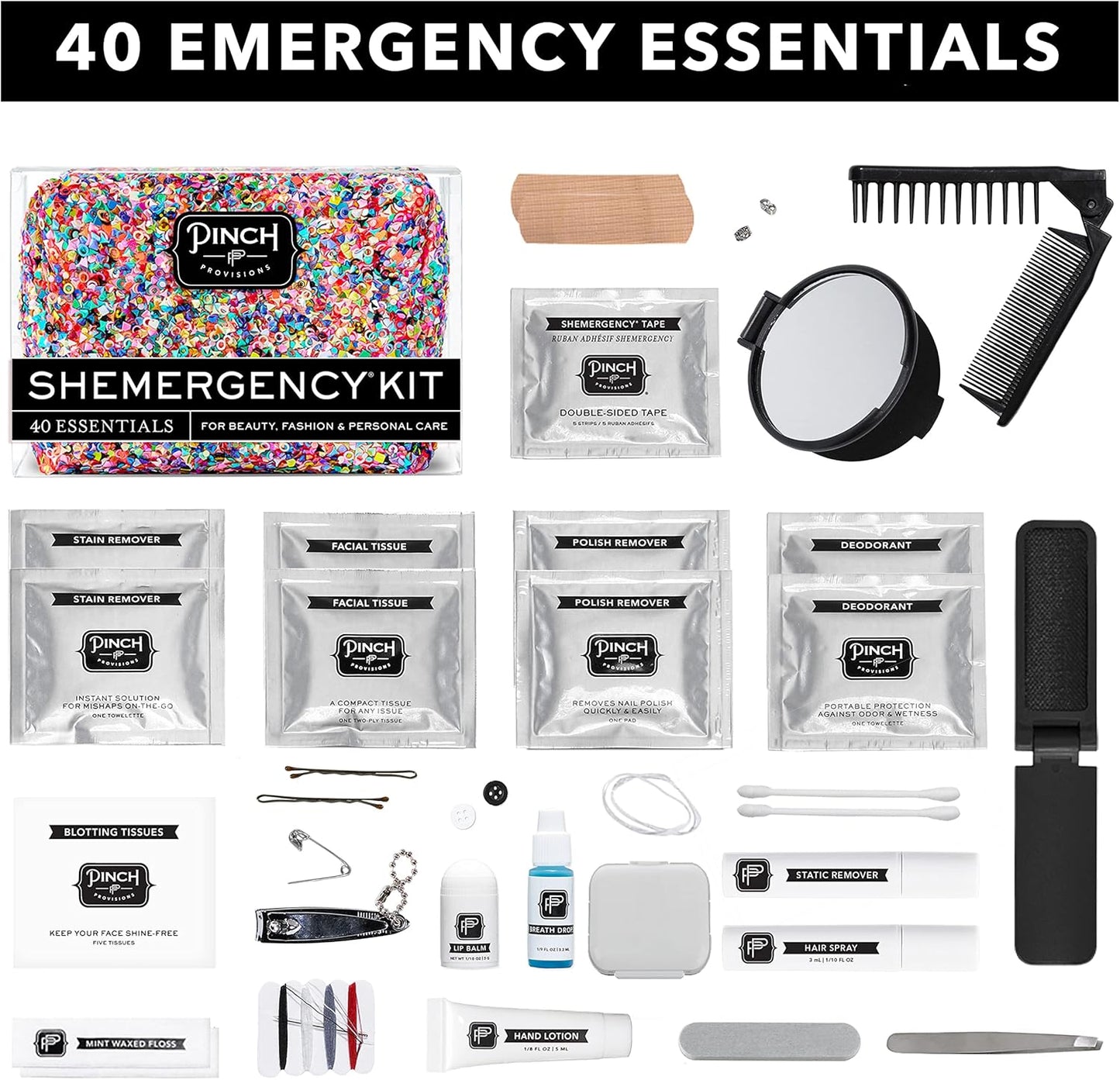 Pinch Provisions Shemergency Kit for Her, 40 Emergency Essential Items, Compact, Multi-Functional Pouch, Gift for Women, Birthday, Bachelorette Parties, and More!