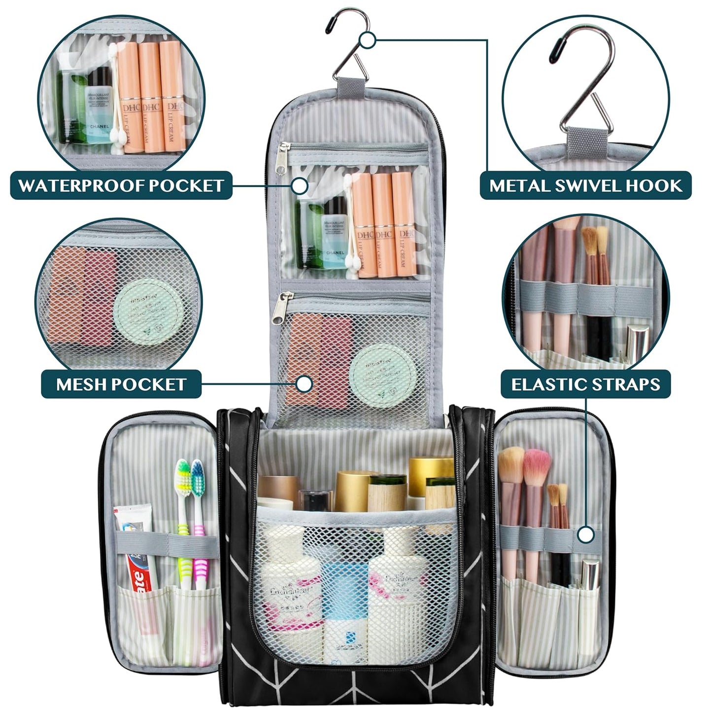 PAVILIA Toiletry Bag Travel Bag for Women Men, Hanging Cosmetic Organizer, Water Resistant Makeup Bag for Accessories Toiletries, Large Travel Essentials Kit (Black Chevron)