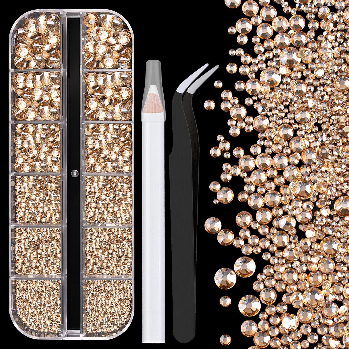 One Pack 2000 Pcs of Flatback Round Champagne Rhinestones 6 Sizes (1.5-6 mm) with Nail Art Rhinestone Picker Pencil and Tweezer for DIY and Salon Use