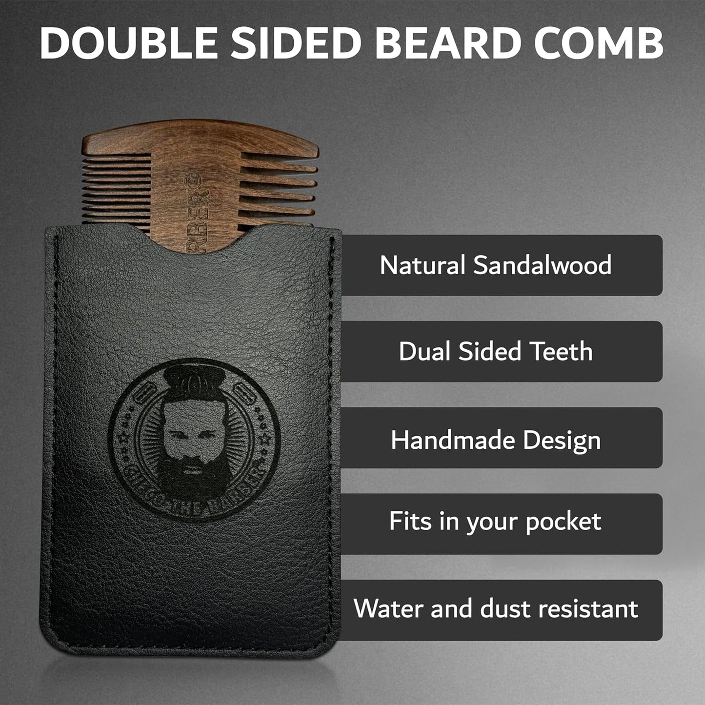 Beard Comb for Men, Natural Sandalwood Dual Action Fine Tooth Comb, Handmade Premium Wood, Fine and Coarse Teeth, Perfect for Balms and Oils