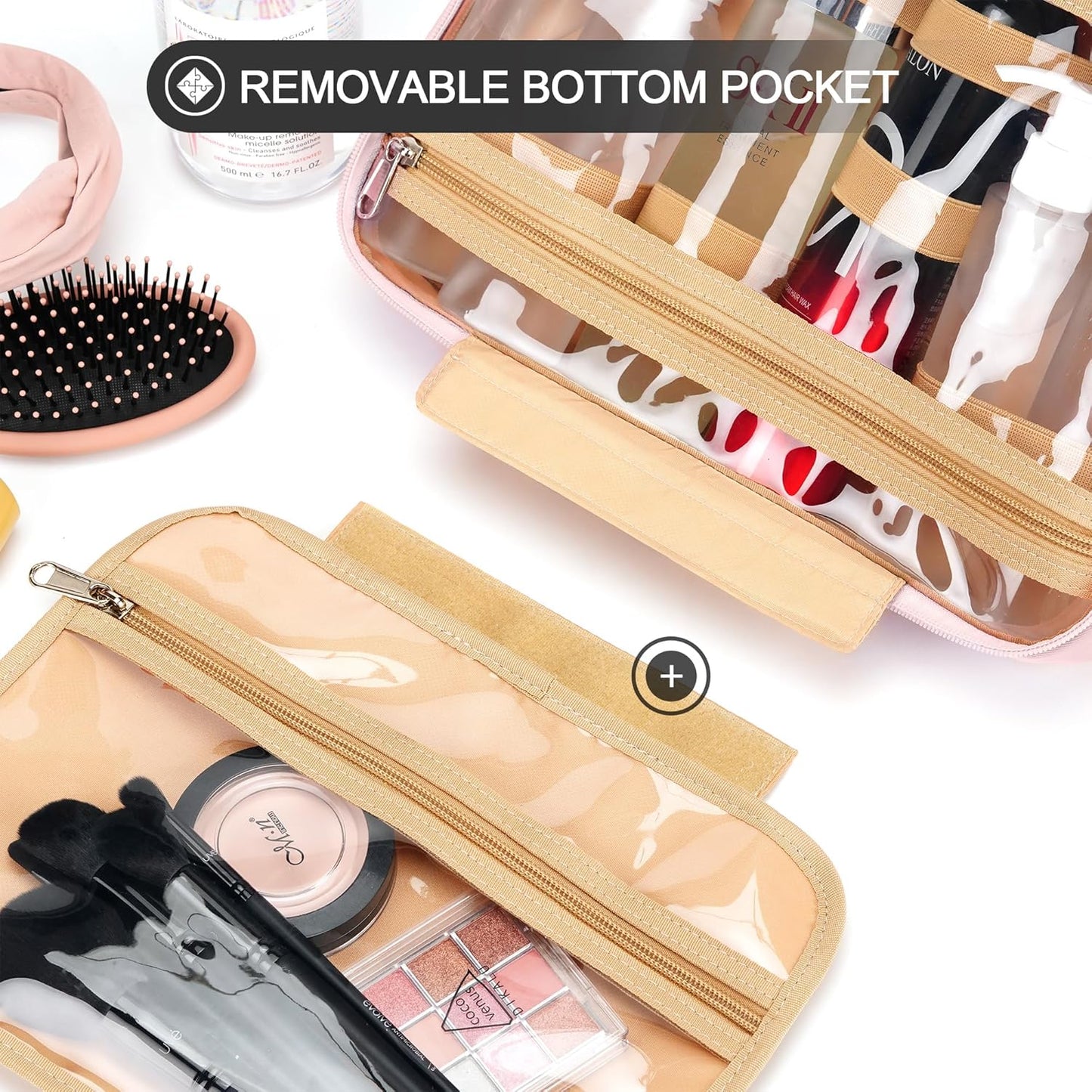 Travel Hanging Toiletry Bag for Women, Extra Large Makeup Bag, Holds Full-Size Shampoo, with Jewelry Organizer Compartment, Waterproof Cosmetic Bag, Toiletries Kit Set with Trolley Belt, Baby Pink