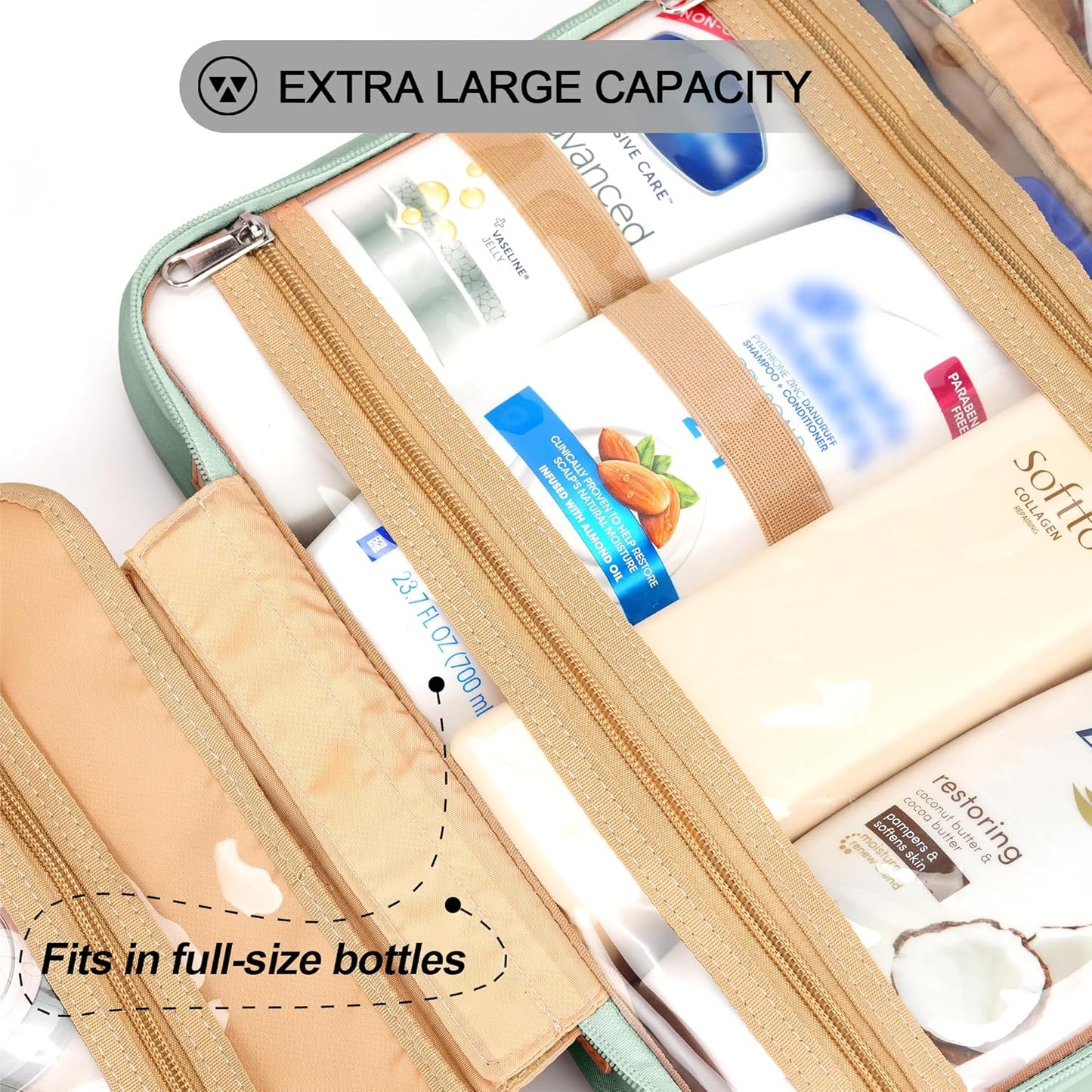 Travel Hanging Toiletry Bag for Women, Cruise Ship Essentials, with Jewelry Organizer, Extra Large Makeup Dopp Kit, Waterproof Cosmetic Bags, Toiletries Kit Set with Trolley Belt, Green