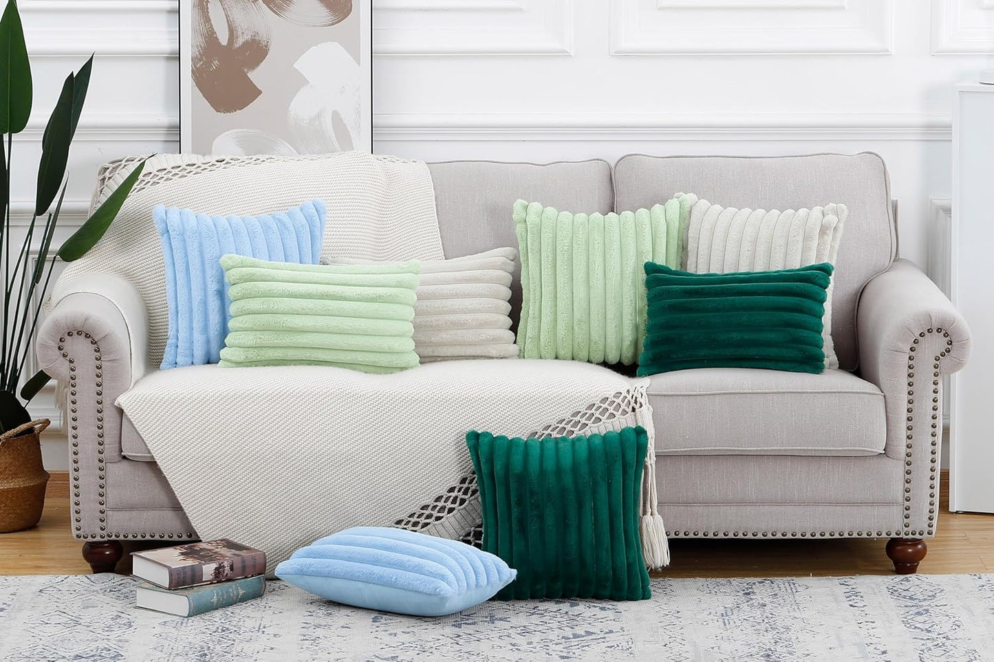 MADIZZ Set of 2 Faux Wool Plush Decorative Throw Pillow Covers 20x20 Inch Light Green Fluffy Striped Soft Decorative Cushion Cover for Sofa Bedroom Pillow Shell