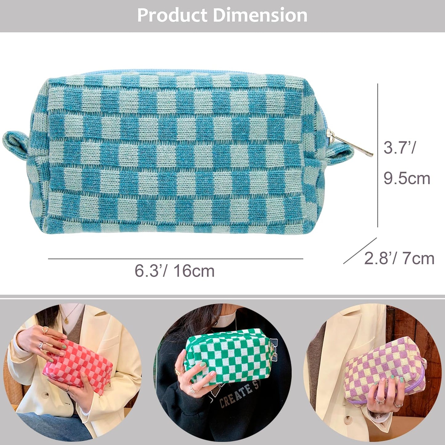 PAZIMIIK Checkered Makeup Bag for Purse Portable Zipper Make Up Pouch Small Cosmetic Case for Travel Accessories (6PCS Lake Blue)