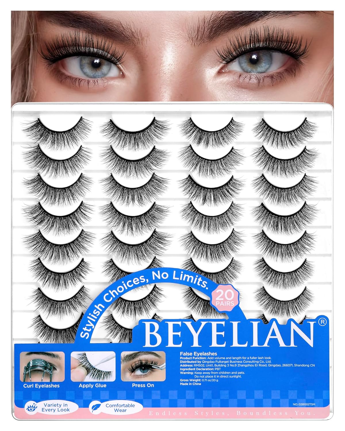 BEYELIAN False Eyelashes Natural Look 20 Pairs Strip Lashes, Wispy Lash Pack Soft 3D Volume Faux Mink Lashes