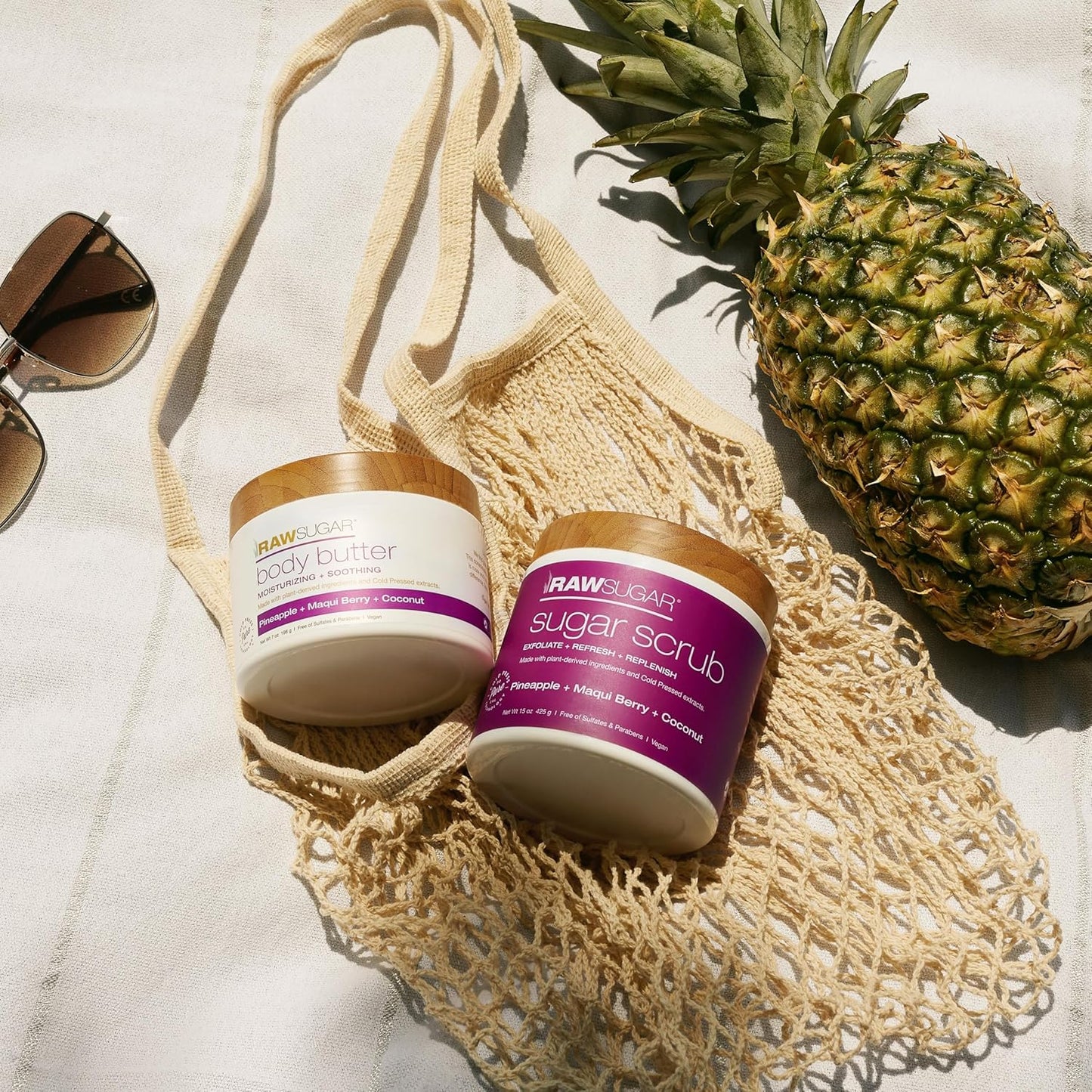 Raw Sugar Pineapple + Coconut + Maqui Berry Body Ritual Bundle - Exfoliating Body Scrub and Body Butter, Formulated without Sulfates + Parabens, Body Care Products for Women & Men